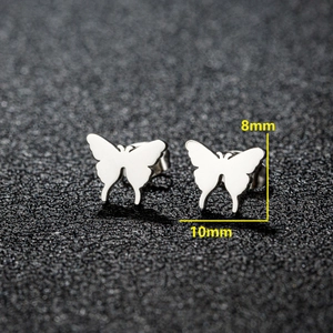 Macro detail showing dimensions of 10mm x 8mm for small silver butterfly stud earrings