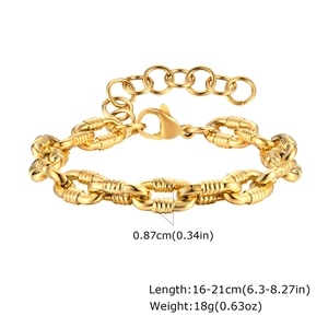 Detailed size chart for golden oval-link chain bracelet with measurement callouts