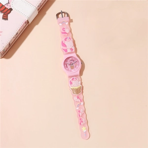 Kids pink quartz watch with 3D unicorn rainbow patterns on a silicone strap