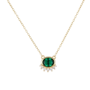 925 silver necklace featuring a green oval zircon pendant with white diamond accents