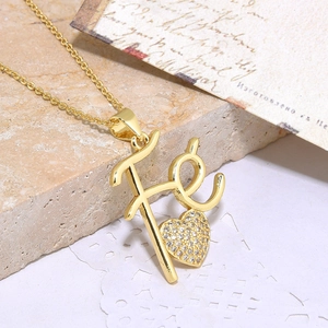 Gold plated heart pendant necklace with FE cursive letter and cubic zirconia stones