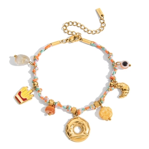 Bracelet en acier inoxydable 18K avec pendentif donut et cordon tressé orange
