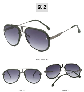 Three views of matte green aviator sunglasses with gradient purple resin lenses