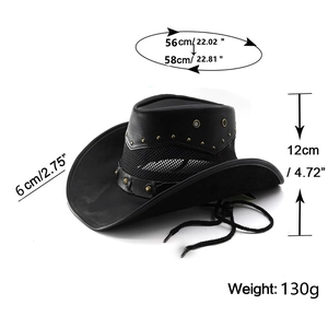 Detailed size chart of the black cowboy hat showing brim, height and head circumference
