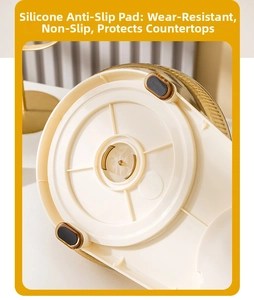 Macro detail of rotating organizer base with golden legs and silicone anti-slip pads