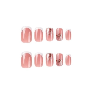 Pink French tips press-on nails with silver glitter accent, short square oval shape