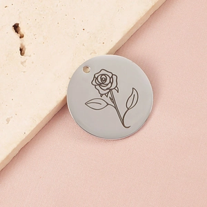 Round Rose Flower Engraved Pendant 304 Stainless Steel DIY Jewelry Making Accessory Polished Minimalist Birthday Gift