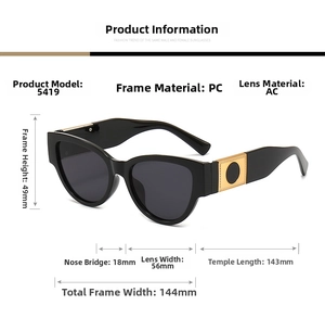 Size chart for oval cat-eye sunglasses with detailed frame and temple measurements