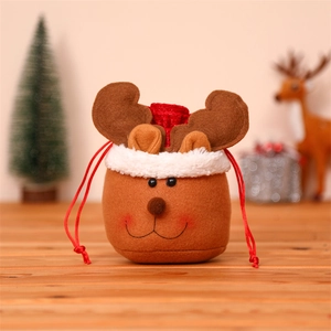 Christmas reindeer drawstring gift bag with plush trim and antlers for candy and holiday gifts