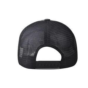 Detail view of the black breathable mesh and adjustable snapback closure on a baseball cap