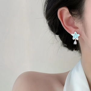 Elegante Sternohrringe mit blauem Harz und Kristalltropfen am Model getragen