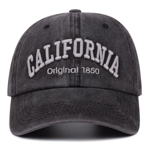 Vintage washed charcoal cotton baseball cap with white California 1850 embroidery