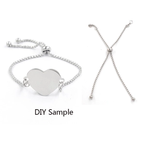 Detail of adjustable stainless steel bolo bracelet with heart charm and sliding bead