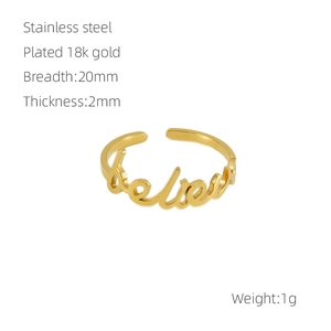 Macro detail of Believe letter ring in 18k gold plated stainless steel showing dimensions