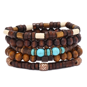 Multilayer beaded wooden bracelet set with vintage cross pendant and natural stone accents
