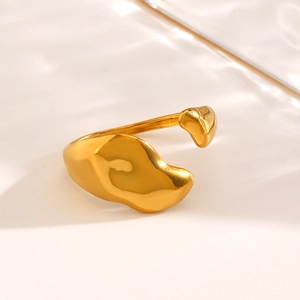 Minimalist irregular fluid shape open ring in polished gold finish for women