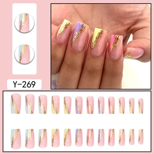 Pink French press-on nails with macaron color blocks and gold foil accents Y-269