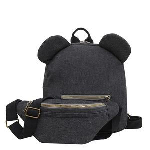 Black denim backpack with cute animal ears and matching waist bag set with gold zippers