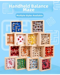 Macro view of 14 colorful wooden maze puzzles with balance beads for children's focus