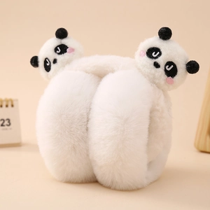 Close-up of soft plush white earmuffs featuring cute panda decorations on a pink background