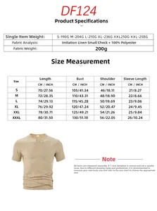Size chart for men's jacquard plaid short sleeve T-shirt with fabric and fit details