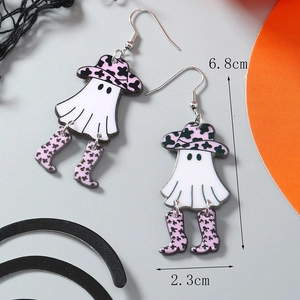 Halloween ghost earrings with pink leopard hat and boots, size 6.8x2.3cm acrylic jewelry