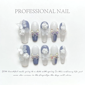 Faux Ongles Faits À La Main Papillon 3D Camélia Noeud Aurora Long Trapèze Élégant Doux Conseils Artificiels