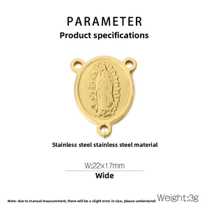 Detailed 22x17mm golden stainless steel Virgin Mary pendant with 3-hole connector