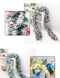 Close-up of snow-flocked Christmas garland with colorful ornaments and pine cones