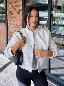 Veste Bombardier Baseball Femme Décontractée Ample Boutonnée Manches Longues Col Montant Manteau Avec Poches