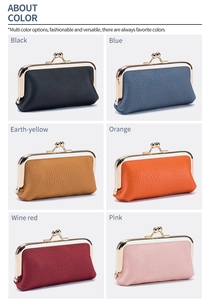 Detailed view of genuine leather coin purses in six colors with litchi grain and gold clasp