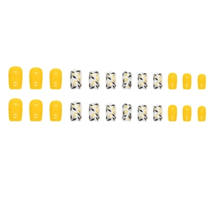 Glossy yellow and floral print press-on nails set in medium-long square shape