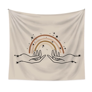 Bohemian tapestry featuring earth-toned rainbow and mystical hands on beige fabric