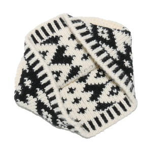 Detail of chunky knit neck warmer with black and white geometric totem pattern