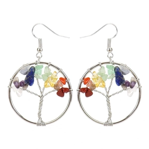 Detailed close-up of handmade Tree of Life earrings with colorful amethyst and chakra stones