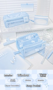 Detailed interior of blue large capacity stationery pouch with multi-layer storage compartments