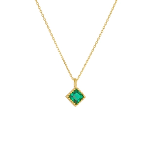 Luxurious gold chain necklace featuring a square emerald zircon pendant on white background