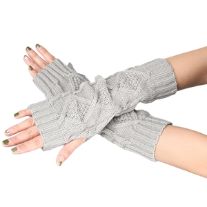 Light grey cable-knit arm warmers for women with fingerless design for winter warmth
