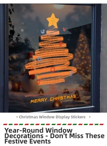 Detailed view of orange doodle Christmas tree window sticker with Merry Christmas greeting