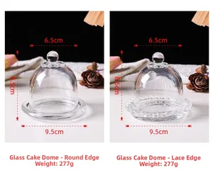 Macro detail of glass cake domes showing dimensions 6.5x8.5x9.5cm and floral rim textures
