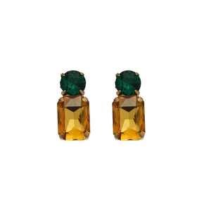 Vintage style earrings with green round and amber rectangular faceted stones in gold claws