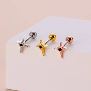 Detailed view of silver, gold, and rose gold heart sword stainless steel ear studs