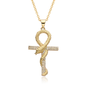 Gold Ankh cross necklace with crystal-encrusted snake pendant on white background