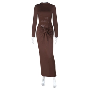 Brown long sleeve bodycon maxi dress with waist mesh patchwork and twist detail