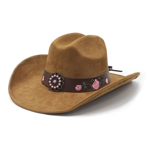 Western Cowboy Hat Suede Polyester For Women Retro Ethnic Style With Rose Embroidery Metal Buckle Wide Brim Fedora