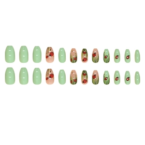 French ladybug press-on nails with green grass pattern and solid colors 24pcs set