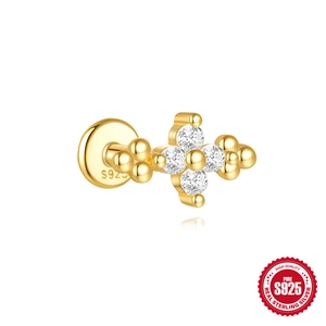 Golden S925 sterling silver lotus stud earring with white cubic zirconia floral stones