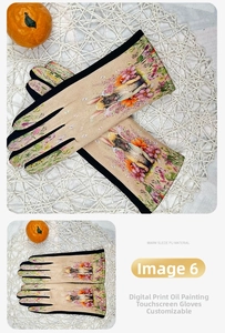 Detail of beige suede touchscreen gloves featuring a digital oil painting floral Frenchie print