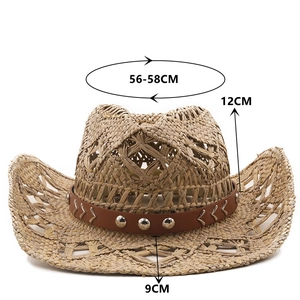 Chapeau de cowboy en paille tissé à la main avec motifs ajourés et ruban en cuir