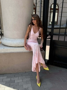 Pink crochet knit maxi dress with openwork hem and sleeveless backless design